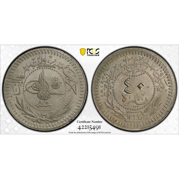 TURKEY: Mehmet V, 1909-1918, 40 para, Kostantiniye, AH1327 year 8, PCGS MS65