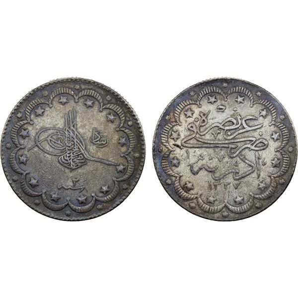 TURKEY: Muhammad V, 1909-1918, AR 10 kurush, Edirne, AH1327 year 2, VF-EF