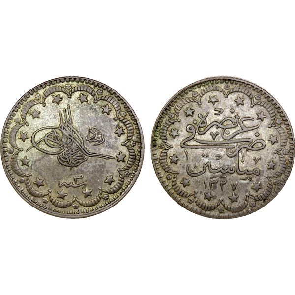 TURKEY: Muhammad V, 1909-1918, AR 5 kurush, Manastir, AH1327 year 3, EF-AU
