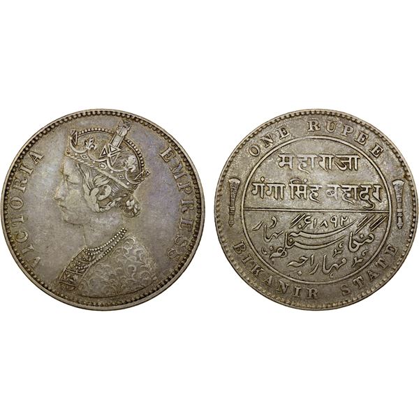 BIKANIR: Victoria, 1837-1901, AR rupee, 1892, VF