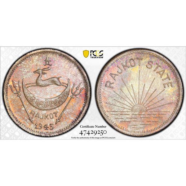RAJKOT: Dharmendra Singh, 1930-1948, AR medallic mohur, 1945, PCGS MS67