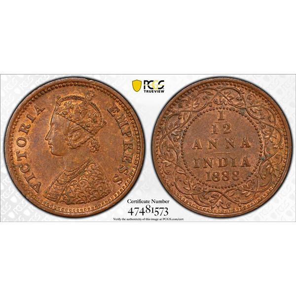 BRITISH INDIA: Victoria, Empress, 1876-1901, AE 1/12 anna, 1888(b), PCGS MS63 BN