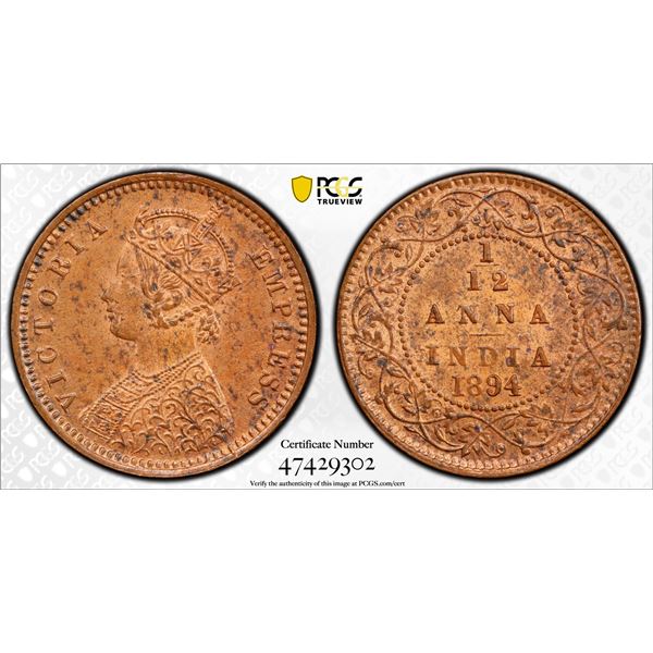 BRITISH INDIA: Victoria, Empress, 1876-1901, AE 1/12 anna, 1894(c), PCGS MS63 RB