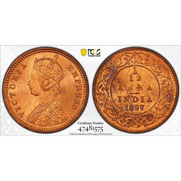 BRITISH INDIA: Victoria, Empress, 1876-1901, AE 1/12 anna, 1897(c), PCGS MS64 RD