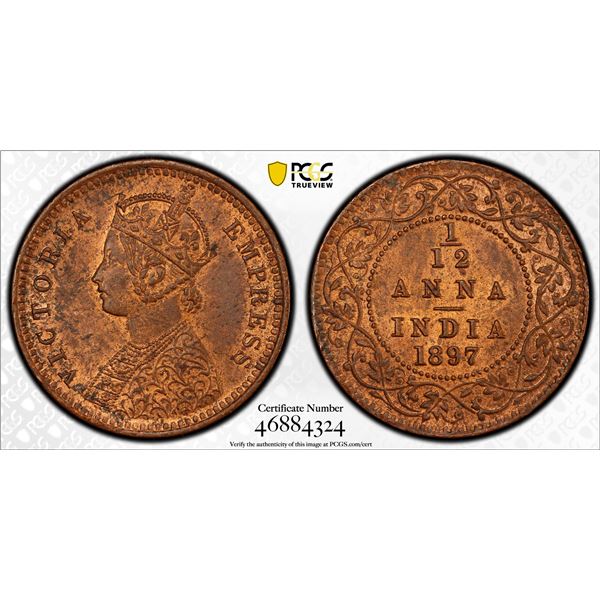 BRITISH INDIA: Victoria, Empress, 1876-1901, AE 1/12 anna, 1897(c), PCGS MS63 RB