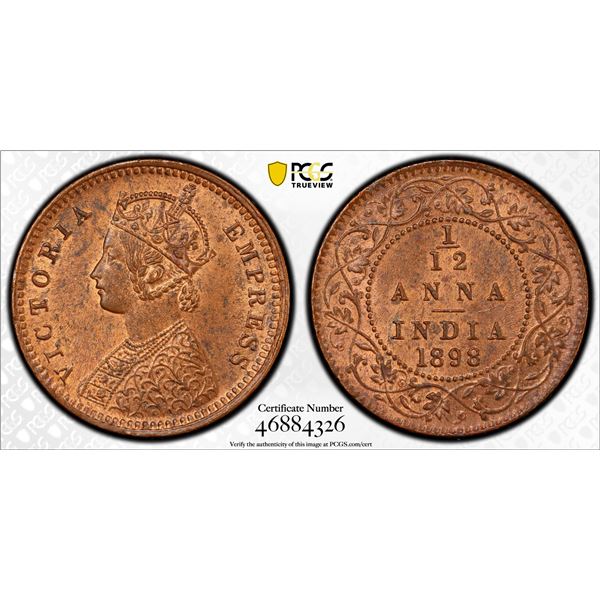 BRITISH INDIA: Victoria, Empress, 1876-1901, AE 1/12 anna, 1898(c), PCGS MS64 RB