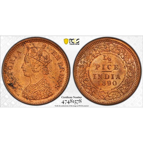 BRITISH INDIA: Victoria, Empress, 1876-1901, AE 1/2 pice, 1890(c), PCGS MS64 RB