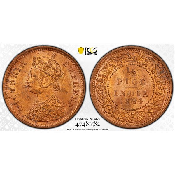 BRITISH INDIA: Victoria, Empress, 1876-1901, AE 1/2 pice, 1894(c), PCGS MS64 RB