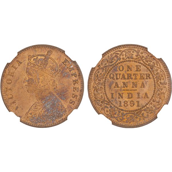 BRITISH INDIA: Victoria, Empress, 1876-1901, AE 1/4 anna, 1891(c), NGC MS64 +RB