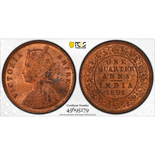 BRITISH INDIA: Victoria, Empress, 1876-1901, AE 1/4 anna, 1891(c), PCGS MS63 RB
