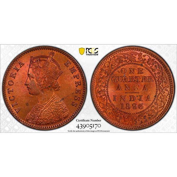 BRITISH INDIA: Victoria, Empress, 1876-1901, AE 1/4 anna, 1893(c), PCGS MS64 RD