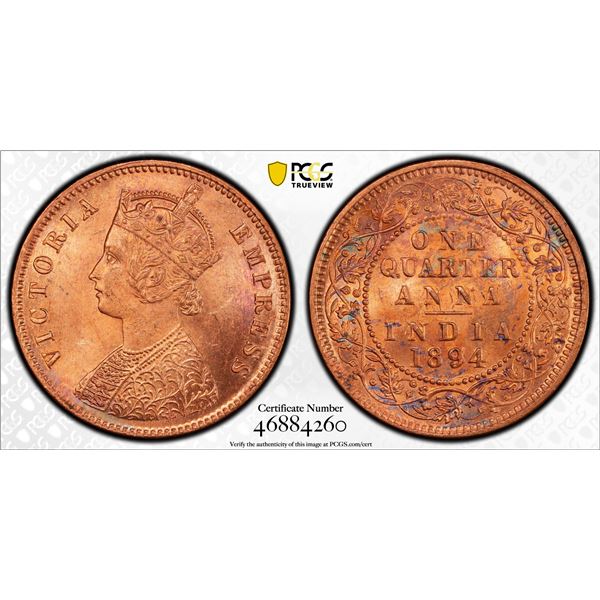 BRITISH INDIA: Victoria, Empress, 1876-1901, AE 1/4 anna, 1894(c), PCGS MS64 RB