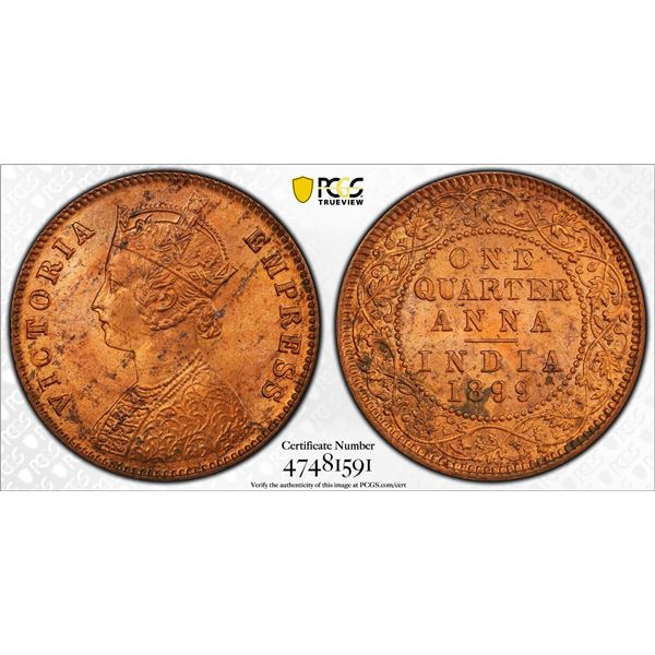 BRITISH INDIA: Victoria, Empress, 1876-1901, AE 1/4 anna, 1899(c), PCGS MS64 RB