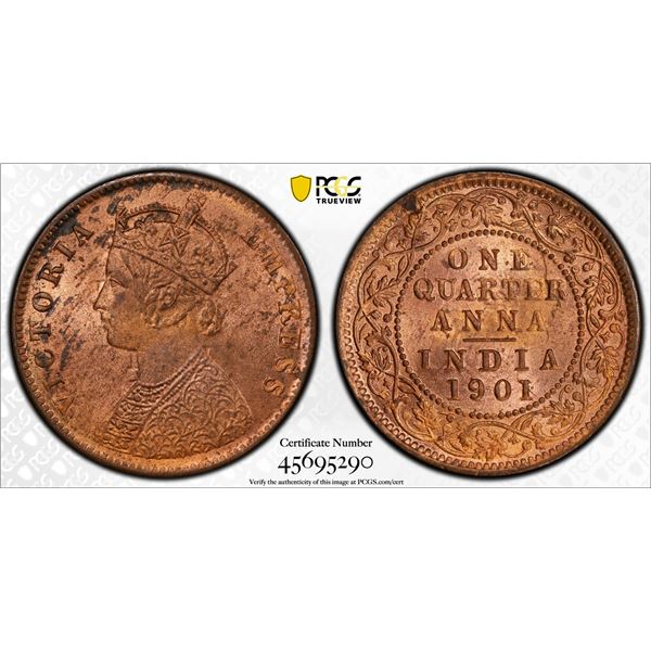 BRITISH INDIA: Victoria, Empress, 1876-1901, AE 1/4 anna, 1901(c), PCGS MS64 RB