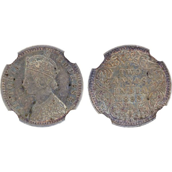 BRITISH INDIA: Victoria, Empress, 1876-1901, AR 2 annas, 1892-B, NGC AU58