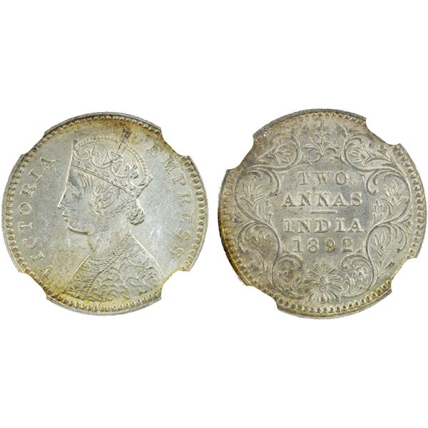 BRITISH INDIA: Victoria, Empress, 1876-1901, AR 2 annas, 1892-C, NGC MS62