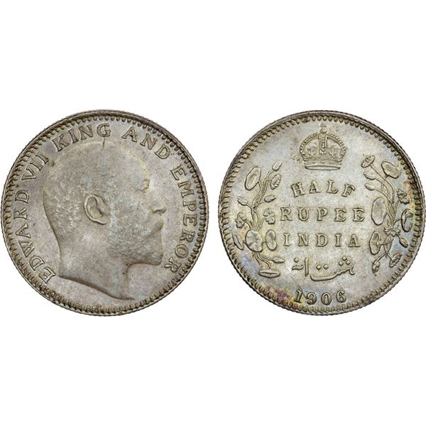 BRITISH INDIA: Edward VII, 1901-1910, AR 1/2 rupee, 1906(c), EF