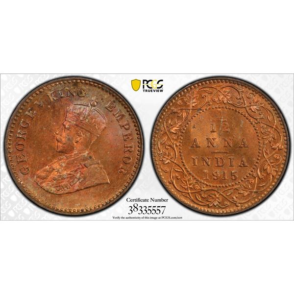 BRITISH INDIA: George V, 1910-1936, AE 1/12 anna, 1915(c), PCGS MS65 RB