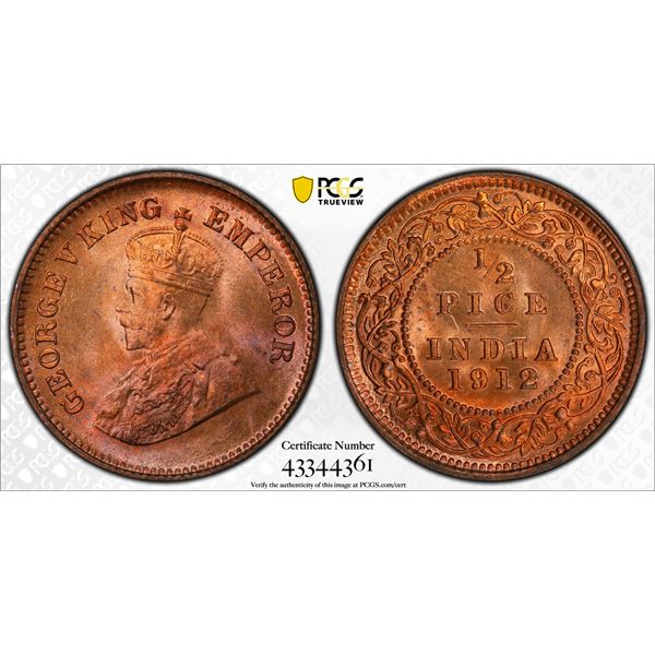 BRITISH INDIA: George V, 1910-1936, AE 1/2 pice, 1912(c), PCGS MS65 RD