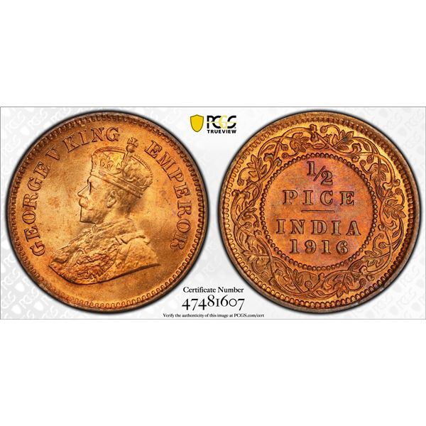 BRITISH INDIA: George V, 1911-1936, AE 1/2 pice, 1916(c), PCGS MS65 RB