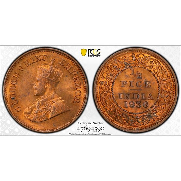 BRITISH INDIA: George V, 1910-1936, AE 1/2 pice, 1936(c), PCGS MS64 RB