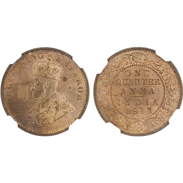 BRITISH INDIA: George V, 1910-1936, AE 1/4 anna, 1913(c), NGC MS64 RB