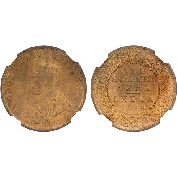 BRITISH INDIA: George V, 1910-1936, AE 1/4 anna, 1914(c), NGC MS65 RB