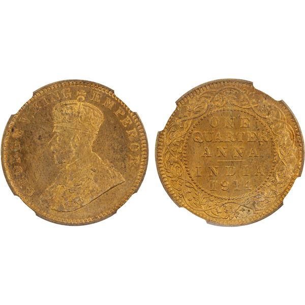 BRITISH INDIA: George V, 1910-1936, AE 1/4 anna, 1914(c), NGC MS64 RD