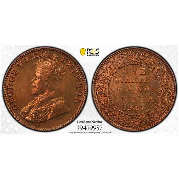 BRITISH INDIA: George V, 1910-1936, AE 1/4 anna, 1927(b), PCGS MS66 RD