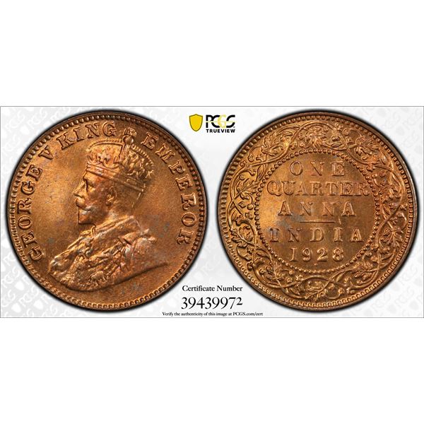 BRITISH INDIA: George V, 1910-1936, AE 1/4 anna, 1928(b), PCGS MS66 RD