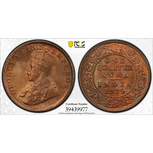 BRITISH INDIA: George V, 1910-1936, AE 1/4 anna, 1929(c), PCGS MS66 RB