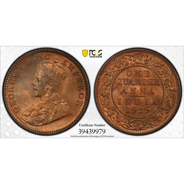 BRITISH INDIA: George V, 1910-1936, AE 1/4 anna, 1929(c), PCGS MS65 RB