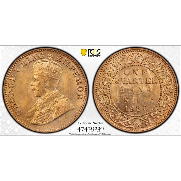 BRITISH INDIA: George V, 1910-1936, AE 1/4 anna, 1930(b), PCGS MS66 RD