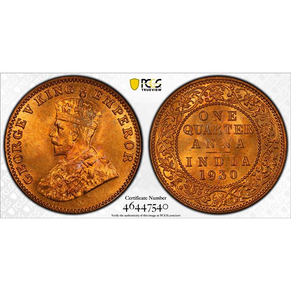 BRITISH INDIA: George V, 1910-1936, AE 1/4 anna, 1930(b), PCGS MS66 RD
