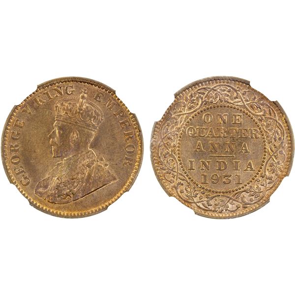 BRITISH INDIA: George V, 1910-1936, AE 1/4 anna, 1931(c), NGC MS64 RB