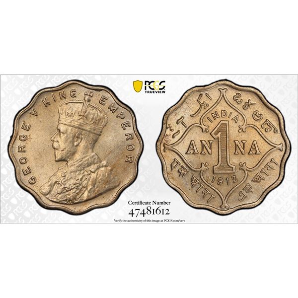 BRITISH INDIA: George V, 1910-1936, 1 anna, 1913(b), PCGS MS64