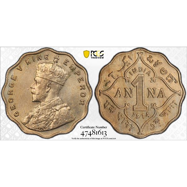 BRITISH INDIA: George V, 1910-1936, 1 anna, 1914(b), PCGS MS63