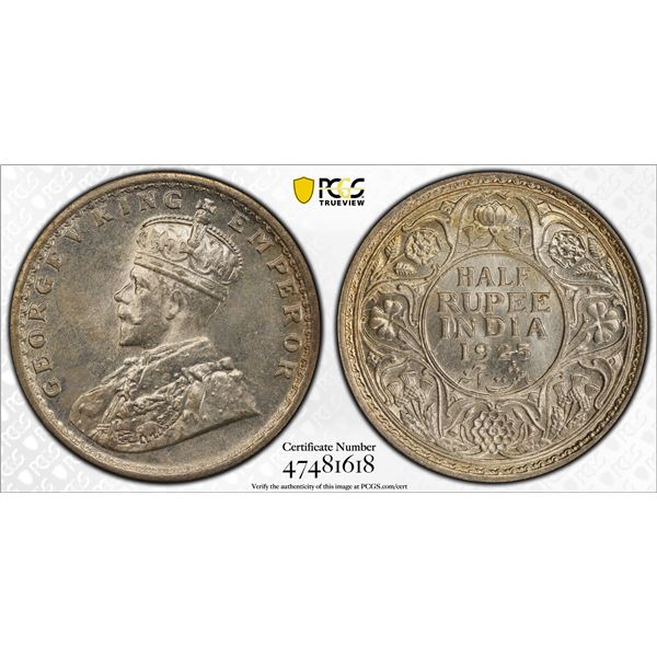 BRITISH INDIA: George V, 1910-1936, AR 1/2 rupee, 1925(c), PCGS MS63