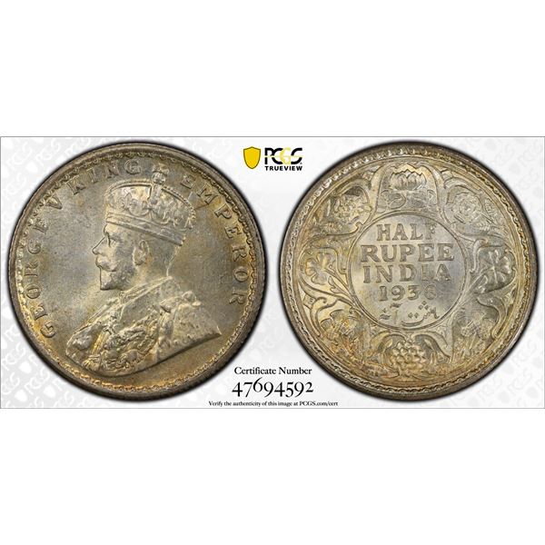BRITISH INDIA: George V, 1910-1936, AR 1/2 rupee, 1936(c), PCGS MS65