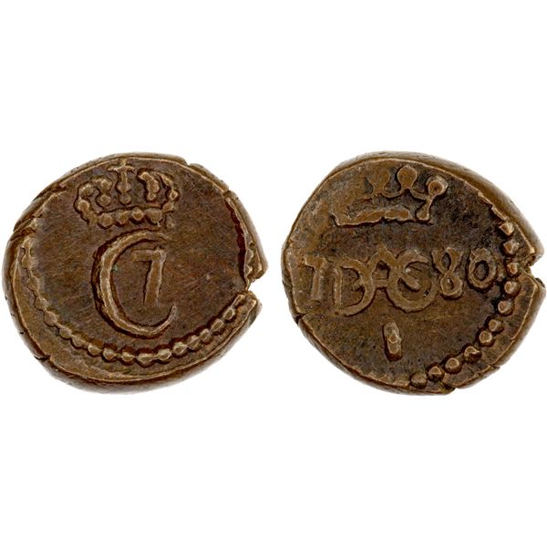 DANISH INDIA: Christian VII, 1766-1808, AE cash (0.69g), Tranquebar, 1780, EF