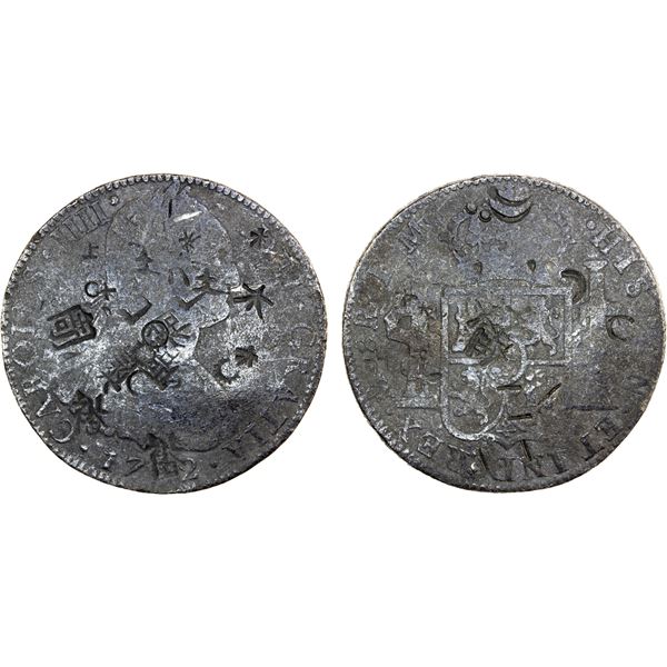 CAMBODIA: Chopmarked Coins: Mexico: Carlos IV, 1788-1808, AR 8 reales, 1792-Mo, Fine