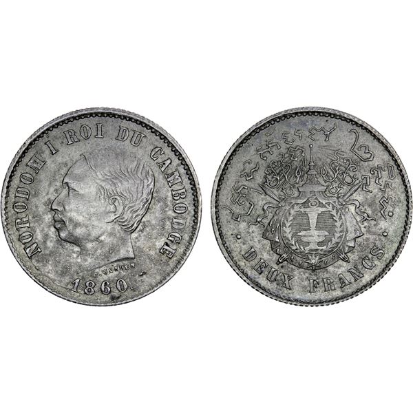 CAMBODIA: Norodom I, 1859-1904, AR 2 francs (9.96g), 1860, EF
