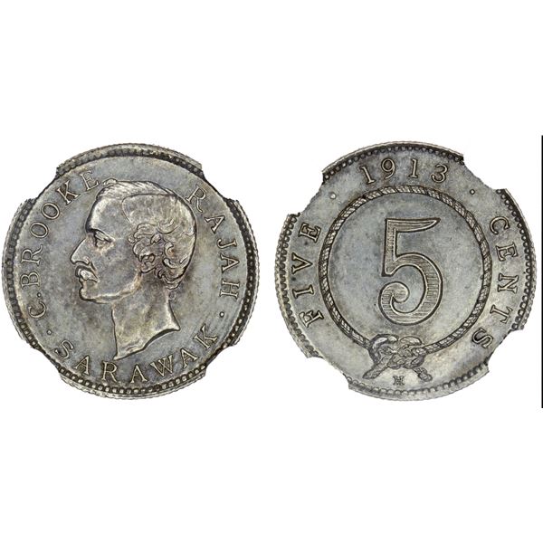 SARAWAK: Charles J. Brooke, 1868-1917, AR 5 cents, 1913-H, NGC UNC Details