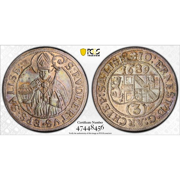 AUSTRIA: SALZBURG: Johann Ernst von Thun, 1687-1709, AR 3 kreuzer, 1689, PCGS MS65