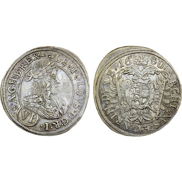 AUSTRIA: Leopold I, 1657-1705, AR 6 kreuzer (3.24g), St. Veit, 1680, choice VF