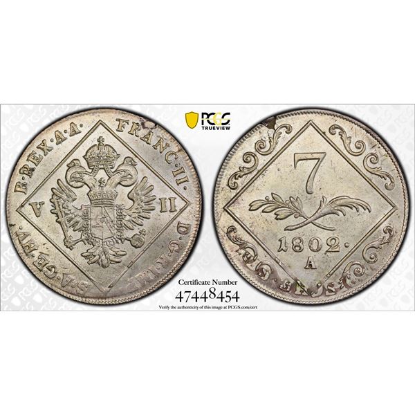 AUSTRIA: Franz II, 1792-1806, AR 7 kreuzer, 1802-A, PCGS UNC Details