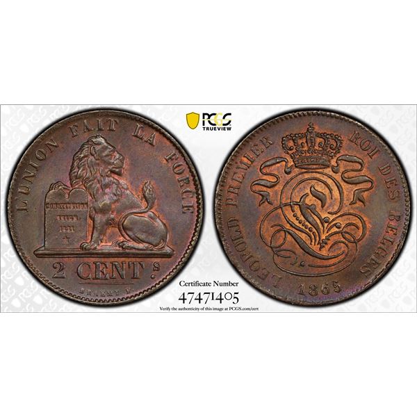 BELGIUM: Leopold I, 1831-1865, AE 2 centimes, 1865, PCGS MS64 BN