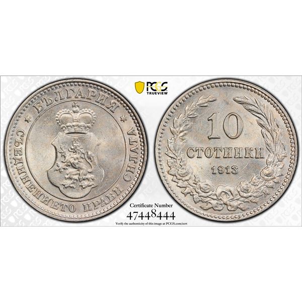 BULGARIA: Ferdinand I, as tsar, 1908-1918, 10 stotinki, 1913, PCGS MS63