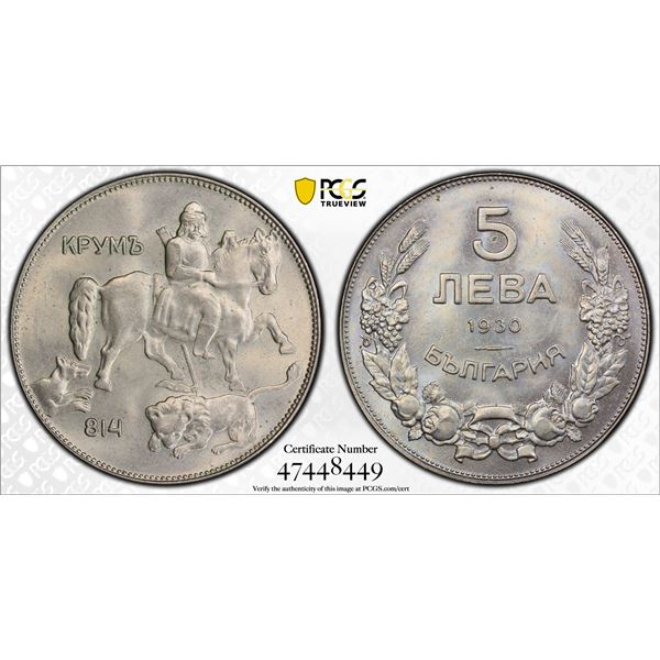 BULGARIA: Boris III, 1918-1943, 5 leva, 1930, PCGS MS65