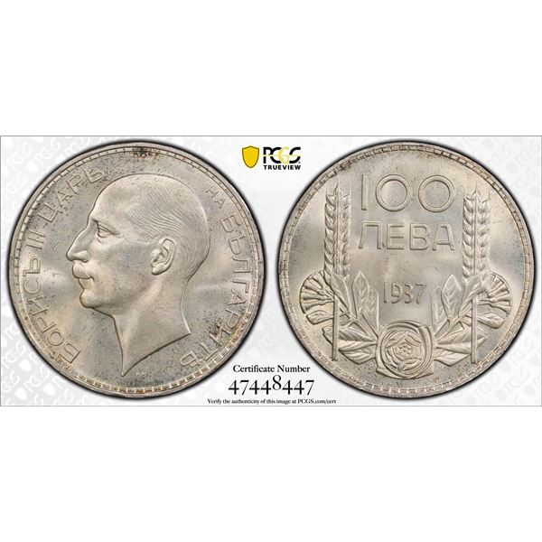 BULGARIA: Boris III, 1918-1943, AR 100 leva, 1937, PCGS MS64